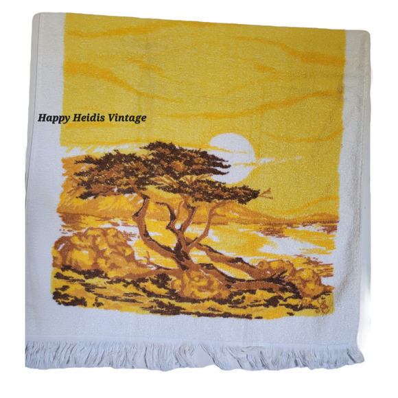 Vintage 70s Orange Brown Fringed Desert Tree Sunset Scene Beach Towel - Picture 4 of 7
